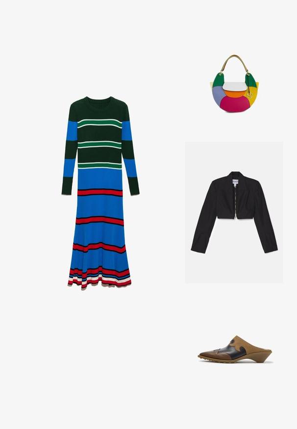 Sort cropped blazer med lange ærmer, skarpe lapeller og en frontlynlås. Har strukturerede sømme for en skræddersyet pasform.; Strikkjole med lange ærmer, rund halsudskæring og lodrette striber i dyb grøn, blå og rød, med horisontale accenter i hvid.; Brune og sorte læder slip-on mule med spids tå og lavt skråt hæl, med dekorative syninger og bølgede ruskindsoverflader.; Farverig lædertaske med grønne, lilla, hvide, orange, pink og gule paneler og en cirkulær guldsmykke hængende fra håndtaget.