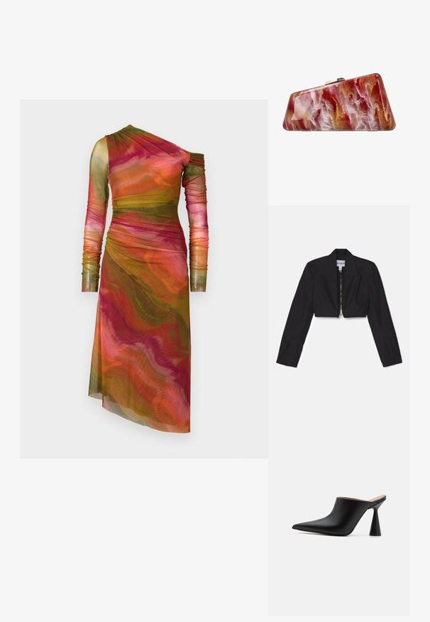 Sort cropped blazer med lange ærmer, skarpe lapeller og en frontlynlås. Har strukturerede sømme for en skræddersyet pasform.; AMUR DRENA DRESS - Etuikjole - lucid glaze; Sorte lædermules med spids tå og en unik kegleformet hæl. Glat tekstur og minimalistisk design, åben bagside for nem påtagning.; Clutch-taske med trapezform, der har et hvirvlende mønster i rød, hvid og guld, der ligner marmor, og sølvlås på toppen.