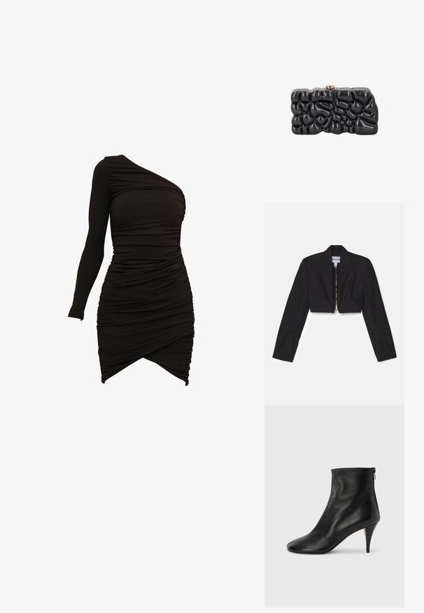 Sort cropped blazer med lange ærmer, skarpe lapeller og en frontlynlås. Har strukturerede sømme for en skræddersyet pasform.; Sort en-skulder kjole lavet af strækbart materiale, med rynkede detaljer og en asymmetrisk kant for en tætsiddende silhuet.; Sorte ankelstøvler i læder med en glat tekstur, spids tå og en slank stiletthæl. Har en lynlås i siden for nem påklædning.; Skinnende sort clutch taske med en abstrakt, tekstureret overflade og en lille metallukning på toppen, vist mod en hvid baggrund.