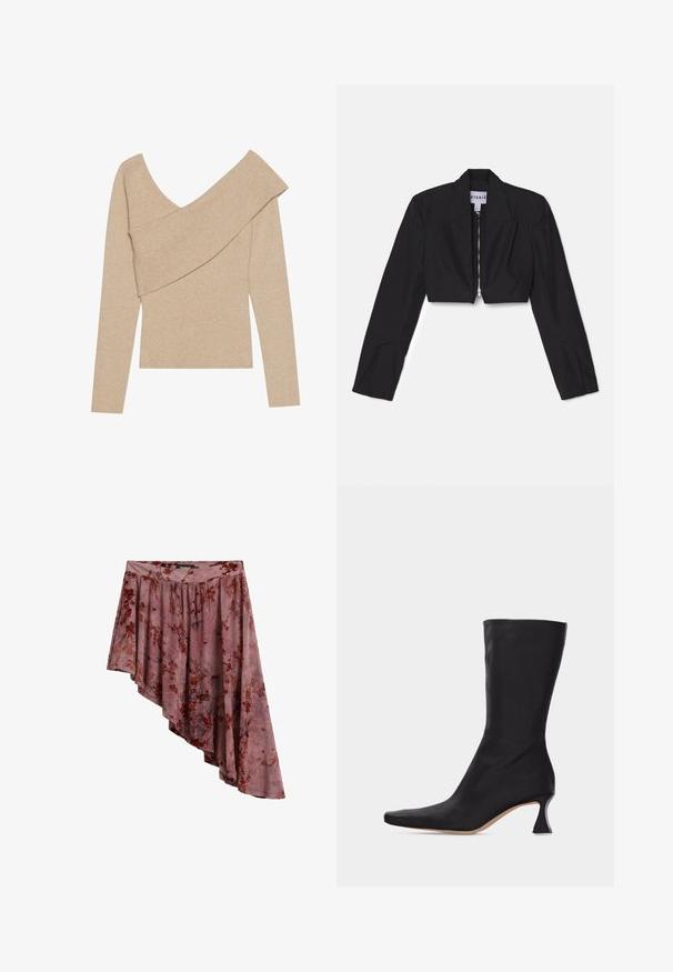 Čierny skrátený blazer s dlhými rukávmi, ostrými klopami a predným zipsom. Obsahuje štruktúrované švy pre prispôsobený strih.; Even&Odd by Zalando Svetrík - mottled beige; Asymetrická fialová sukňa s červeným kvetinovým vzorom, nariaseným pásom a nerovným lemom, ktorý je na pravej strane dlhší.; Čierna kožená čižma do polovice lýtok s špicatou špičkou a zakriveným nízkym podpätkom na jednoliatom svetlom pozadí.