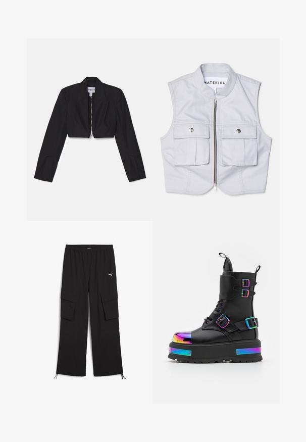 Sort cropped blazer med lange ærmer, skarpe lapeller og en frontlynlås. Har strukturerede sømme for en skræddersyet pasform.; Lys grå ærmeløs vest lavet af et glat stof, med lynlås foran, to store forsætslommer og en stående krave.; Svarte cargo-bukser med bred ben-design, elastisk talje, to sidelommer og snoretræk ved kanten. Har et lille hvidt logo.; Koi Footwear COSMIC FIRE METAL PLATFORM BOOTS - Snørestøvletter - black/multi-coloured