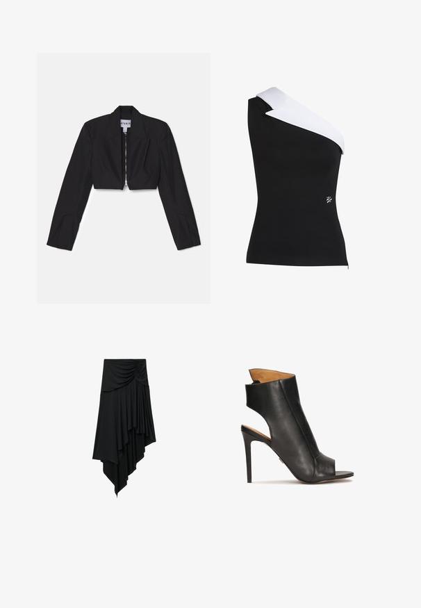 Μαύρο cropped σακάκι με μακριά μανίκια, αιχμηρές παλτά και μπροστινό φερμουάρ. Διαθέτει δομημένες ραφές για κομψή εφαρμογή.; Μαύρο τοπ με έναν ώμο από ύφασμα, με αντίθετη λευκή λεπτομέρεια στον γιακά. Διαθέτει εφαρμοστή γραμμή και ένα μικρό λογότυπο στην κάτω δεξιά γωνία.; Μαύρη ασύμμετρη φούστα με ρυτιδωτή λεπτομέρεια στη μέση και στρωματοποιημένο υφασμάτινο draping που δημιουργεί κατερχόμενο τελείωμα.; Μαύρη δερμάτινη σανδάλι με ψηλό τακούνι, ανοιχτή μύτη και σχέδιο με κοψίματα. Διαθέτει στιλέτο τακούνι και προσαρμοσμένο τμήμα αστραγάλου.