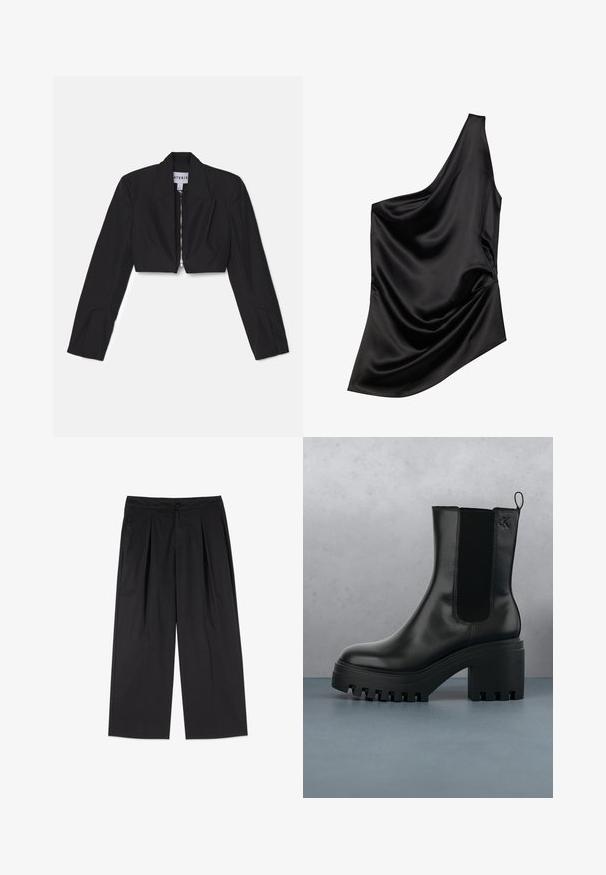 Sort cropped blazer med lange ærmer, skarpe lapeller og en frontlynlås. Har strukturerede sømme for en skræddersyet pasform.; Sort satin-top med en asymmetrisk halsudskæring, draperet stofdetalje og blød tekstur. Har én skulder og en flydende silhuet.; Sorte bukser med vide ben og plisseringer foran, sidelommer, knap- og lynlåslukning, vist på hvid baggrund.; Sort læder ankelstøvle med rund tå, kraftig platformssål og mesh-sidede accenter. Har en trækflig for nem påtagning.