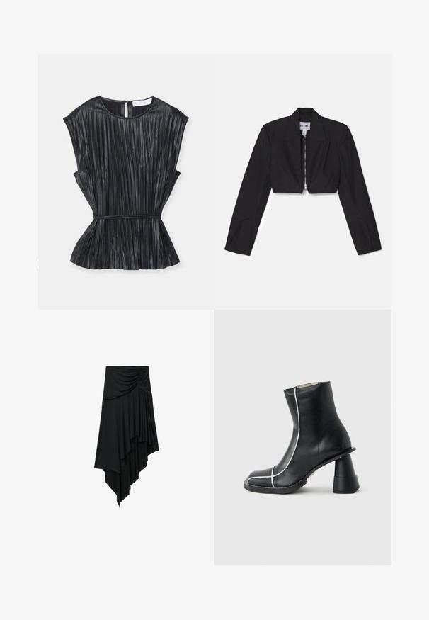 Sort cropped blazer med lange ærmer, skarpe lapeller og en frontlynlås. Har strukturerede sømme for en skræddersyet pasform.; Sort plisseret top med rund halsudskæring, korte batwing-ærmer, indsnævret talje og lukning bagpå. Fremstillet af et glat, skinnende stof.; Sort asymmetrisk nederdel med rynket detalje ved taljen og lagdelt draperet stof, der skaber en faldende kant.; Sort læderankelstøvle med hvide syninger, firkantet snude og unik bredt udflaret hæl, vist i sidelayout på grå baggrund.