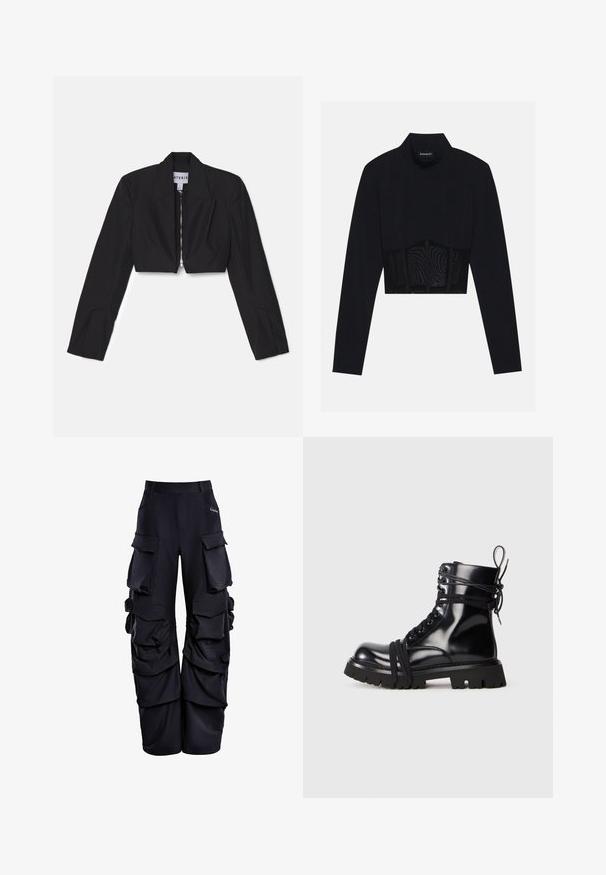 Čierny skrátený blazer s dlhými rukávmi, ostrými klopami a predným zipsom. Obsahuje štruktúrované švy pre prispôsobený strih.; Čierny dlhý rukáv crop top s vysokým golierom, priehľadnou sieťovinou v oblasti pása a tvarovanými švami pre priliehavý dizajn.; Čierne cargo nohavice vyrobené z textúrovaného materiálu, s viacerými veľkými vreckami, vo voľnom strihu a so zberanými detailmi po stranách.; Čierne lakované kožené čižmy s hrubou podrážkou, zaoblenou špičkou a šnurovacími detailmi. Obsahujú obalené šnúrky a uchyt na zadnej strane päty.
