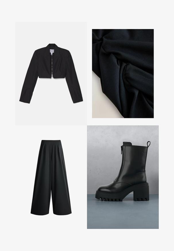 Sort cropped blazer med lange ærmer, skarpe lapeller og en frontlynlås. Har strukturerede sømme for en skræddersyet pasform.; Sort stof med synlig tekstur og folder, der skaber bløde skygger og højlys på en lysfarvet overflade.; Sorte bukser med vide ben, høj talje og flydende stof, vist på en hvid baggrund.; Sorte læder ankelstøvler med kraftig sål, blokhæl, lynlås i siden og trækflap bagpå på en ensfarvet hvid baggrund.