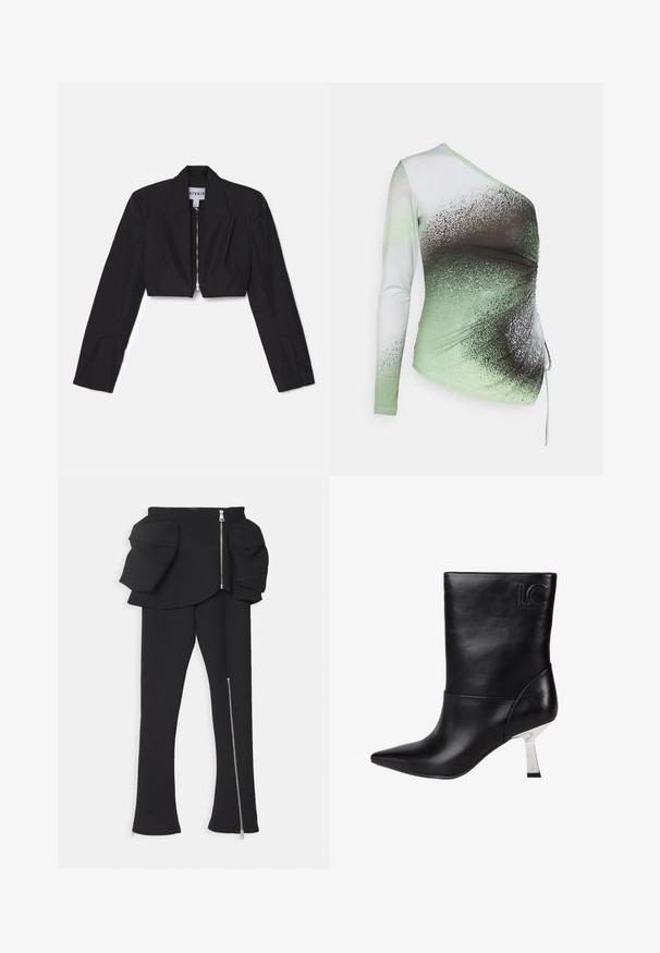 Čierny skrátený blazer s dlhými rukávmi, ostrými klopami a predným zipsom. Obsahuje štruktúrované švy pre prispôsobený strih.; Elleme ONE SHOULDER - Top s dlhým rukávom - light green/white; A.W.A.K.E. MODE BASQUE PANTS WITH ZIPS AND LARGE POCKETS - Nohavice - black; LOLA CASADEMUNT Klasické členkové čižmy - black