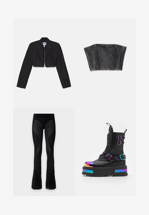 Sort cropped blazer med lange ærmer, skarpe lapeller og en frontlynlås. Har strukturerede sømme for en skræddersyet pasform.; Sort denim bustier med struktureret design, der har lodrette sømme og en tætsiddende, cropped form. Tekstureret overflade med subtil fading.; Sorte mesh flared leggings med tekstureret detaljering og mønstrede indsæt. Har en høj talje med brandlogo øverst.; Koi Footwear COSMIC FIRE METAL PLATFORM BOOTS - Snørestøvletter - black/multi-coloured