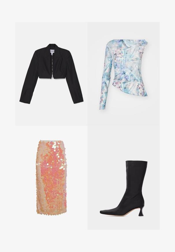 Sort cropped blazer med lange ærmer, skarpe lapeller og en frontlynlås. Har strukturerede sømme for en skræddersyet pasform.; Asymmetrisk langærmet top i et blåt og pink abstrakt mønster, med sammensamlet tekstur og rund hals. Lavet af letvægtsstof.; Pailletteret nederdel i gradient nuancer af fersken og pink, med cirkulære pailletter og en tætsiddende silhuet. Glat tekstur med reflekterende accenter.; Sort læderstøvle, der går til midt på læggen, med spids tå og buet lav hæl, mod en ensartet lys baggrund.