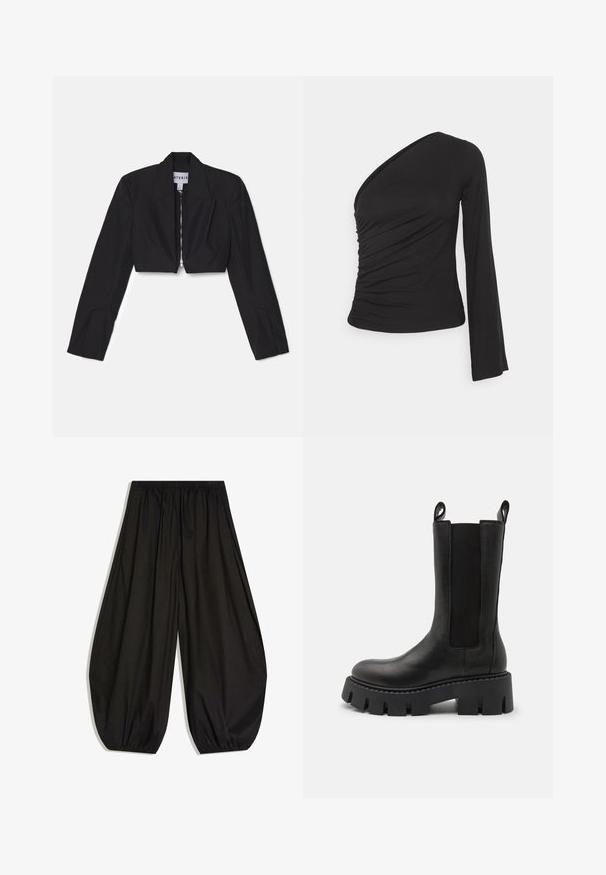 Sort cropped blazer med lange ærmer, skarpe lapeller og en frontlynlås. Har strukturerede sømme for en skræddersyet pasform.; Asymmetrisk langærmet top i sort, med en sammensamlet side for tekstur og en tætsiddende silhuet. Lavet af blødt, strækbart materiale.; Sorte vidde bukser med elastisk talje og samlede elastiske manchetter, lavet af let stof.; Sorte læder ankelstøvler med elastiske sidedele, trækremme, kraftig sål med mønster og forstærkede syninger. Overfladen har en glat struktur.