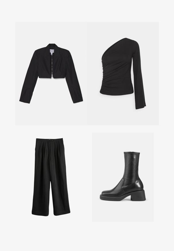 Sort cropped blazer med lange ærmer, skarpe lapeller og en frontlynlås. Har strukturerede sømme for en skræddersyet pasform.; Asymmetrisk langærmet top i sort, med en sammensamlet side for tekstur og en tætsiddende silhuet. Lavet af blødt, strækbart materiale.; Sort, løstsiddende bukser med en tekstureret overflade, vide ben og en høj talje med to knapper.; Sort læder ankelstøvle med en glat overflade, firkantet tå og en kraftig blokhæl. Har sidesyninger og en subtil metallisk detalje.