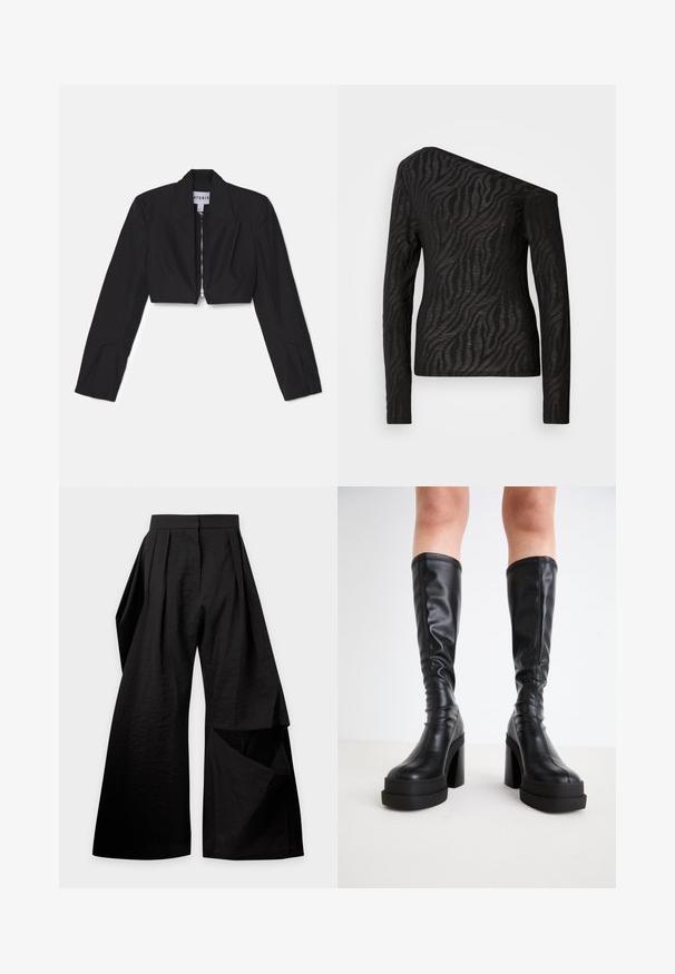 Μαύρο cropped σακάκι με μακριά μανίκια, αιχμηρές παλτά και μπροστινό φερμουάρ. Διαθέτει δομημένες ραφές για κομψή εφαρμογή.; Μαύρο μακρυμάνικο μπλουζάκι με ασύμμετρο ντεκολτέ, που διαθέτει σχέδιο με λωρίδες ζέβρας και διάφανη υφή.; Μαύρο παντελόνι με φαρδιά μπάτζα και πιέτες στη μέση, με επικαλυπτόμενο ύφασμα στο δεξί πόδι.; Μαύρες μπότες μέχρι το γόνατο από λείο δέρμα, με χοντρή σόλα και τετράγωνη τακούνι, διακοσμημένες με ραφές κατά μήκος των άκρων.