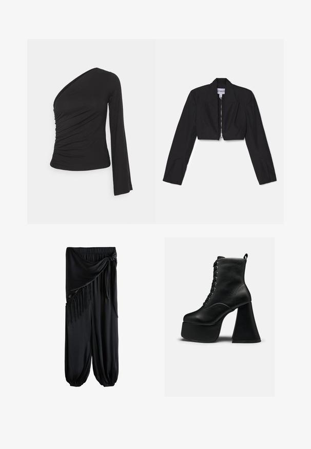 Sort cropped blazer med lange ærmer, skarpe lapeller og en frontlynlås. Har strukturerede sømme for en skræddersyet pasform.; Asymmetrisk langærmet top i sort, med en sammensamlet side for tekstur og en tætsiddende silhuet. Lavet af blødt, strækbart materiale.; Sorte vidde bukser med elastisk talje, bundet bånd og frynser på den ene side, samlet ved anklerne.; Sort ankellang støvle med platform, snøring foran og bred blokhæl, glat lædertekstur og trække-flig bagpå.