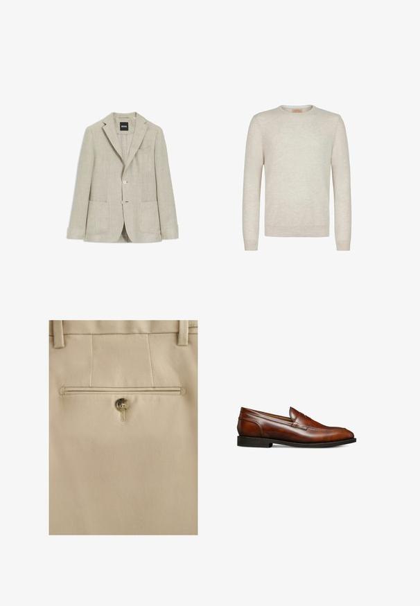 Blazer en lin beige avec revers crantés, deux boutons, deux poches plaquées devant et une poche poitrine passepoilée, étiqueté "BOSS" à l'intérieur du col.; Pull beige à col rond en tissu tricoté doux. Il présente des manches longues et des bords-côtes aux poignets et à l'ourlet. Design minimaliste avec une texture lisse.; Pantalon beige sur mesure avec une poche arrière fermée par un seul bouton marron et des passants de ceinture au-dessus de la taille.; Mocassins en cuir marron avec un bout arrondi, texture lisse, coutures minimales et un petit talon empilé, présentant un design subtil et élégant.
