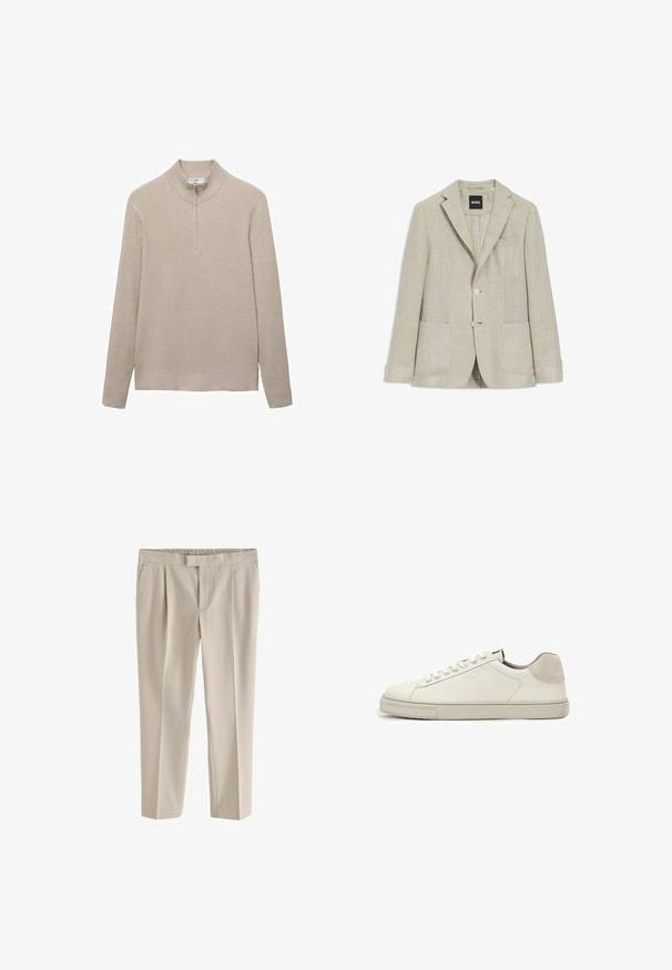 Beiger Leinenblazer mit Kerbkragen, zwei Knöpfen, zwei aufgesetzten Taschen vorne und einer Brustleistentasche, innen am Kragen mit "BOSS"-Label.; Beige gerippter Pullover mit hohem Kragen und halbem Reißverschluss. Lange Ärmel und ein figurbetonter Saum ergänzen das strukturierte Aussehen.; Beige, maßgeschneiderte Hose mit geradem Bein, vorderen Bügelfalten, seitlichen Taschen und einem Haken- und Stabverschluss am Bund.; Weißer Sneaker aus Leder in niedriger Ausführung mit weißen Schnürsenkeln, leicht strukturierter Sohle und hellgrauem Wildleder-Fersenpatch, Seitenansicht.