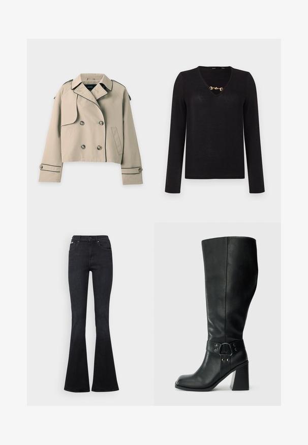 Trench-coat court beige avec boutons croisés, col cranté, détails en passepoil noir et manches longues avec poignets boutonnés.; Haut noir à manches longues avec un col en V, arborant un détail en chaîne dorée au niveau du col. Fabriqué à partir d'un tissu lisse et léger.; Jeans évasés noirs en denim, dotés d'un design classique à cinq poches, d'une fermeture à bouton et de détails de couture subtils.; Bottes en cuir noires arrivant au genou, avec un bout carré, un large talon et une sangle décorative avec des accents métalliques autour de la cheville. Texture lisse.