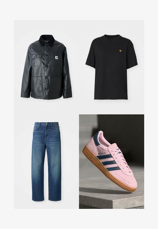 Sort læderjakke med en kordfløjlskrage, fire frontlommer og runde knapper. Glat tekstur med et minimalistisk design.; Sort bomulds T-shirt med en afslappet pasform. Har en rund halsudskæring og korte ærmer. Inkluderer et lille guld broderet logo på brystet.; Blå denim jeans, vid benvidde design, mellemhøj talje, subtil fading, fem-lomme stil, med knap- og lynlåslukning, lige kant.; Lyserød ruskindssneaker med marineblå tre striber, gummisål og lyserøde snørebånd. Har "SPEZIAL"-branding på siden.