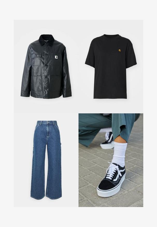 Sort læderjakke med en kordfløjlskrage, fire frontlommer og runde knapper. Glat tekstur med et minimalistisk design.; Sort bomulds T-shirt med en afslappet pasform. Har en rund halsudskæring og korte ærmer. Inkluderer et lille guld broderet logo på brystet.; Bredde ben blå denimbukser med høj talje, kontrastsyede sømme og sidelommer, med et klassisk fem-lomme design og rå kanter.; Sorte ruskinds sneakers med hvide accenter og snørebånd, der har en tyk hvid sål og kontrasterende syninger, parret med en hvid sok.