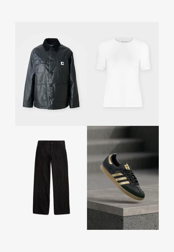 Sort læderjakke med en kordfløjlskrage, fire frontlommer og runde knapper. Glat tekstur med et minimalistisk design.; Hvid T-shirt med rund hals, korte ærmer, slank pasform og ribbet stofstruktur, vist på en ensfarvet lys grå baggrund.; Sorte denimbukser med lige ben, frontlukning med knap og fem lommer. Glat tekstur og minimale syninger.; Sort Adidas Samba-sneaker med gulstriber og gummisål, der svæver over en betongflade med slørede trapper i baggrunden.