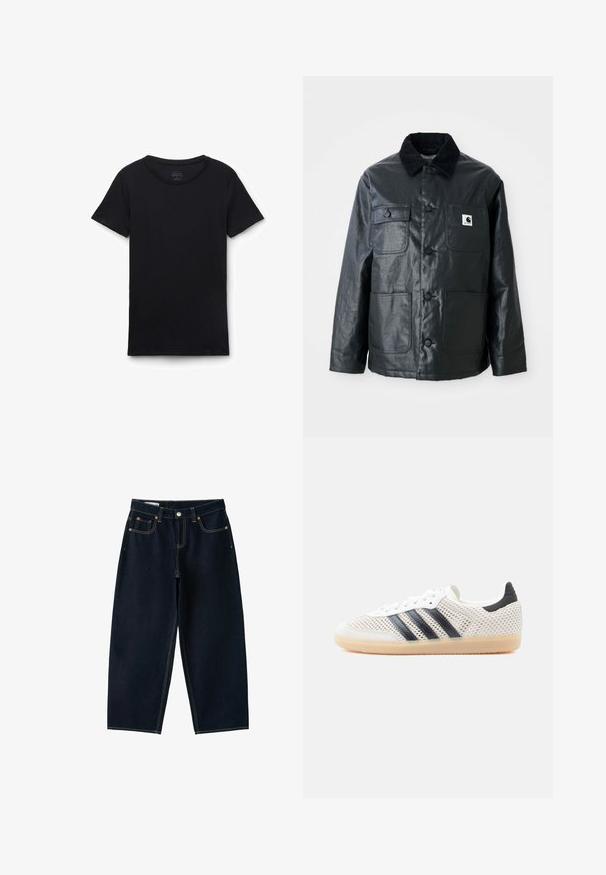 Sort læderjakke med en kordfløjlskrage, fire frontlommer og runde knapper. Glat tekstur med et minimalistisk design.; Sort t-shirt med korte ærmer og rund hals lagt fladt på hvid baggrund, der viser forfra og glat stoftekstur.; Mørkeblå jeans med vide ben, fem lommer, knaplukning og kontrastsyning på hvid baggrund.; Hvide mesh-sneakers med sort tre-stribet design, rundet tå og gummisål. Har blød hælkant og snørelukning.