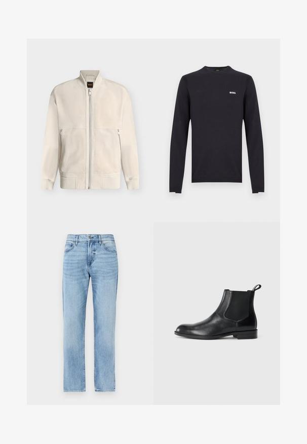 Veste bomber beige clair à fermeture éclair, avec col, poignets et ourlet côtelés, dotée de deux poches latérales zippées et d'une petite étiquette noire à l'intérieur du col.; Chemise noire à manches longues en coton, avec un col rond et un logo blanc "BOSS" sur le côté gauche de la poitrine. Texture lisse, coupe ajustée.; Jean denim bleu clair droit avec poches avant, passants pour ceinture, bouton et fermeture éclair.; Bottine en cuir noir avec des panneaux latéraux élastiques, bout rond et tirette. Texture lisse, semelle plate, design minimaliste.