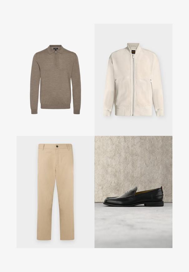 Lyse beige bomberjakke med lynlås, med ribbet krave, manchetter og kant, med to lynlåse sidelommer og et lille sort mærke på indersiden af kraven.; Lysebrunt pullover med lynlåskrave, lange ærmer og en blød struktur, lavet af fint strikket materiale.; Beige bomuldstrusser med et lige ben-design, der har en forreste knaplukning og sidelommer. Glat tekstur, med minimale syningsdetaljer.; Sort læder herreloafer med krokodillepræget forstykke og lav hæl, vist i profil på en neutral baggrund.