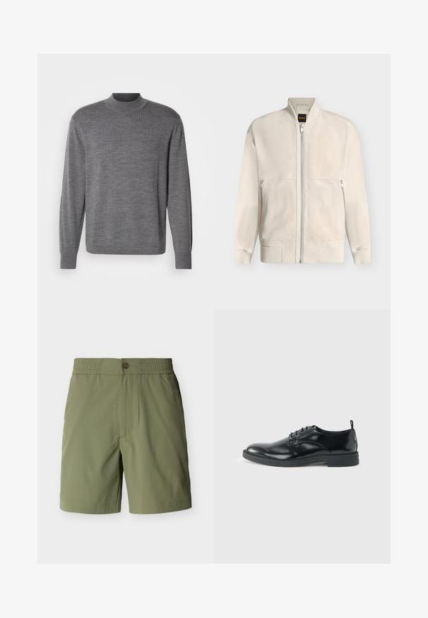 Lyse beige bomberjakke med lynlås, med ribbet krave, manchetter og kant, med to lynlåse sidelommer og et lille sort mærke på indersiden af kraven.; Grå langærmet sweater lavet af strikket materiale, med en høj hals og et subtilt logo på brystet. Glat tekstur og tætsiddende design.; Oliven grønne teksturerede herreshorts med elastisk taljebånd, knaplukning og sidelommer.; Blank sort læder dresssko med lav hæl, snørelukning og rund tå, vist fra siden på ensfarvet lys baggrund.