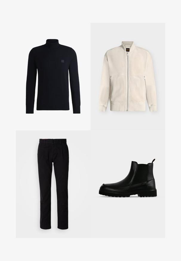 Hellbeige Bomberjacke mit Reißverschluss, mit geripptem Kragen, Bündchen und Saum, mit zwei seitlichen Reißverschlusstaschen und einem kleinen schwarzen Etikett an der Innenseite des Kragens.; Marineblauer Rollkragenpullover aus weichem Strickmaterial, mit langen Ärmeln und einem gerippten Kragen. Enthält ein quadratisches Logo-Patch auf der Brust.; Schwarze Baumwoll-Chinos mit geradem Bein, ausgestattet mit flacher Vorderseite, Gürtelschlaufen und einem einzelnen Knopfverschluss. Glatte Textur ohne sichtbare Muster.; Schwarzer Lederknöchelstiefel mit strukturierter Sohle, elastischen Seitenteilen und Zuglasche vor einem hellgrauen Hintergrund.