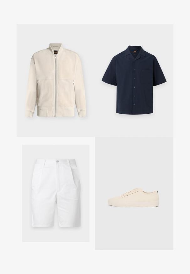 Veste bomber beige clair à fermeture éclair, avec col, poignets et ourlet côtelés, dotée de deux poches latérales zippées et d'une petite étiquette noire à l'intérieur du col.; Chemise bleu marine foncé à manches courtes avec boutons, col pointu et poche poitrine sur un fond clair uni.; Short blanc mi-long jusqu'aux genoux avec plis à l'avant, poches latérales, passants pour ceinture et fermeture par bouton à la taille.; Baskets en toile beige avec bout arrondi, semelle en caoutchouc plate et lacets à l'avant. Présente un design minimaliste et un accent noir contrastant au niveau du talon.