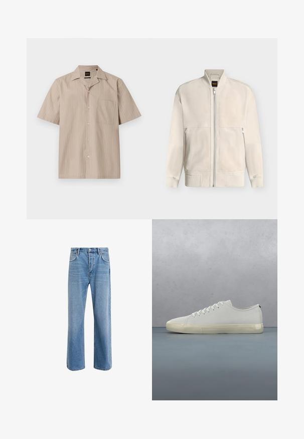 Veste bomber beige clair à fermeture éclair, avec col, poignets et ourlet côtelés, dotée de deux poches latérales zippées et d'une petite étiquette noire à l'intérieur du col.; Chemise beige à manches courtes avec boutons, fines rayures verticales discrètes, une poche poitrine et un col décontracté.; Jeans en denim bleu clair avec une coupe droite, cinq poches, fermeture à bouton, peu d'usure et des détails de couture contrastés.; Baskets en cuir blanc avec lacets flottant au-dessus de carreaux en bois carrés et de petits cailloux, avec un arbre et un fond gris.
