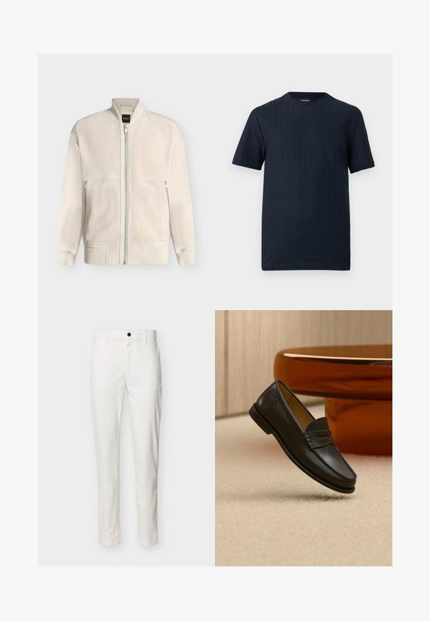 Veste bomber beige clair à fermeture éclair, avec col, poignets et ourlet côtelés, dotée de deux poches latérales zippées et d'une petite étiquette noire à l'intérieur du col.; T-shirt bleu marine à manches courtes et col rond, avec une subtile texture côtelée verticale, sur un fond uni.; Pantalon blanc slim avec un bouton noir, des passants pour ceinture et une fermeture éclair à l'avant, présenté sur un fond uni.; Chaussure mocassin en cuir noir suspendue au-dessus d’un tapis beige avec du mobilier moderne couleur ambre en arrière-plan.