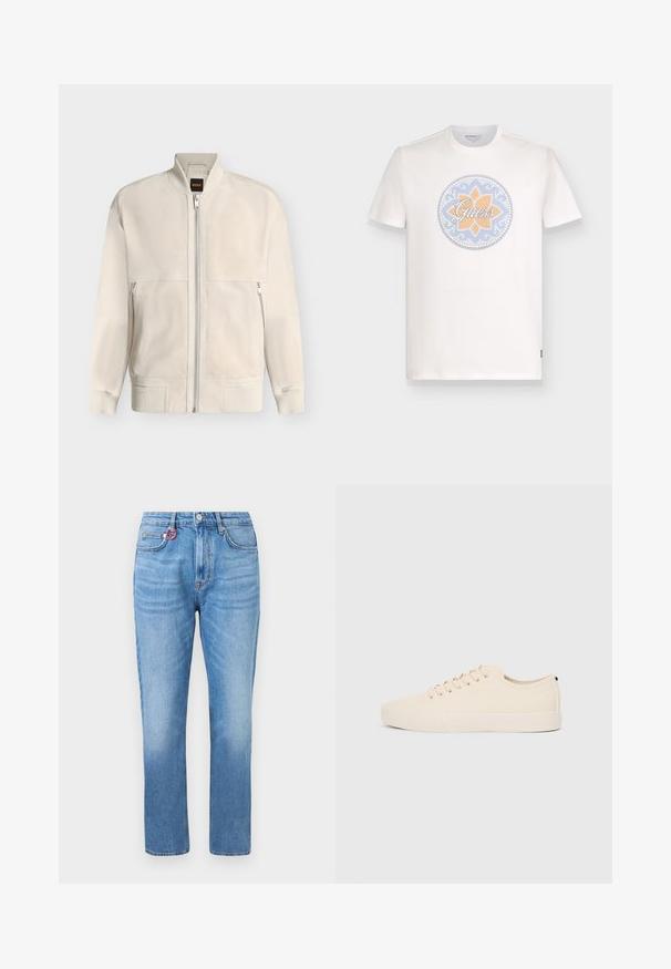 Veste bomber beige clair à fermeture éclair, avec col, poignets et ourlet côtelés, dotée de deux poches latérales zippées et d'une petite étiquette noire à l'intérieur du col.; T-shirt blanc à manches courtes avec un col rond, décoré d'un motif mosaïque circulaire en bleu et orange avec le mot « Guess » au centre.; Jean droit bleu clair à taille haute, avec poches avant, fermeture à boutons, et un petit anneau rouge sur la boucle de ceinture avant droite.; Baskets en toile beige avec bout arrondi, semelle en caoutchouc plate et lacets à l'avant. Présente un design minimaliste et un accent noir contrastant au niveau du talon.