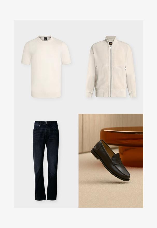 Veste bomber beige clair à fermeture éclair, avec col, poignets et ourlet côtelés, dotée de deux poches latérales zippées et d'une petite étiquette noire à l'intérieur du col.; Pull en maille crème à manches courtes avec col rond et poignets et ourlet côtelés sur un fond uni.; Jean droit couleur indigo foncé avec fermeture avant à boutons et zip, passants pour ceinture et design à cinq poches, présenté sur un fond clair uni.; Chaussure mocassin en cuir noir suspendue au-dessus d’un tapis beige avec du mobilier moderne couleur ambre en arrière-plan.