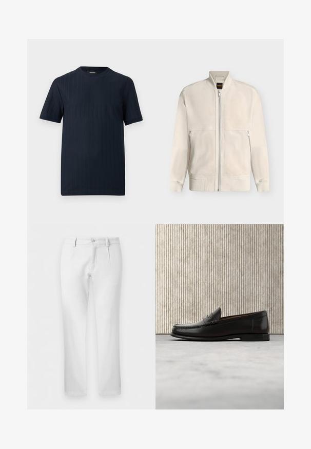 Veste bomber beige clair à fermeture éclair, avec col, poignets et ourlet côtelés, dotée de deux poches latérales zippées et d'une petite étiquette noire à l'intérieur du col.; T-shirt bleu marine à manches courtes et col rond, avec une subtile texture côtelée verticale, sur un fond uni.; Pantalon blanc droit avec passants pour ceinture, fermeture par bouton et plis avant sur fond uni.; Mocassin penny en cuir noir avec talon bas, bout arrondi et détails cousus à l'avant et sur les côtés, présenté sur un fond neutre.