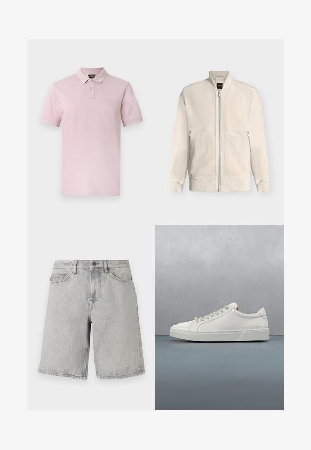 Veste bomber beige clair à fermeture éclair, avec col, poignets et ourlet côtelés, dotée de deux poches latérales zippées et d'une petite étiquette noire à l'intérieur du col.; Polo rose clair à manches courtes avec deux boutons, petit écusson logo sur la poitrine et col classique sur fond blanc.; Shorts en jean gris clair avec fermeture par bouton et fermeture éclair, passants pour ceinture et poches avant, présentés sur un fond blanc.; Baskets en cuir blanc avec un bout arrondi, design minimaliste, lacets gris et semelle en caoutchouc gris texturé. Détails de couture subtils visibles.