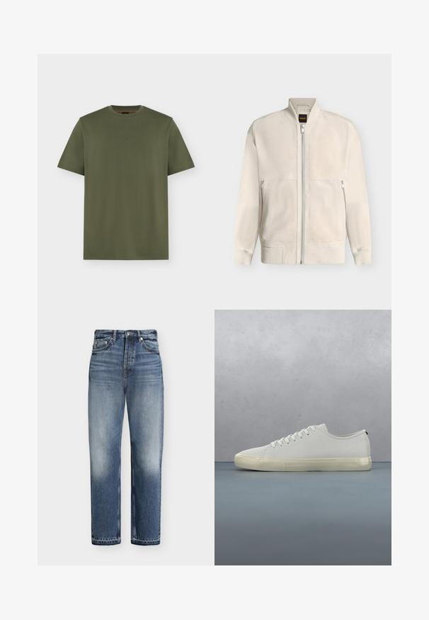 Veste bomber beige clair à fermeture éclair, avec col, poignets et ourlet côtelés, dotée de deux poches latérales zippées et d'une petite étiquette noire à l'intérieur du col.; T-shirt vert olive à manches courtes et col rond avec un logo discret "BOSS" centré sur la poitrine, design uni sur fond gris clair.; Jean bleu taille haute à jambes droites avec des détails délavés, poches avant, fermeture par bouton et passants de ceinture sur fond blanc.; Baskets en cuir blanc avec lacets flottant au-dessus de carreaux en bois carrés et de petits cailloux, avec un arbre et un fond gris.
