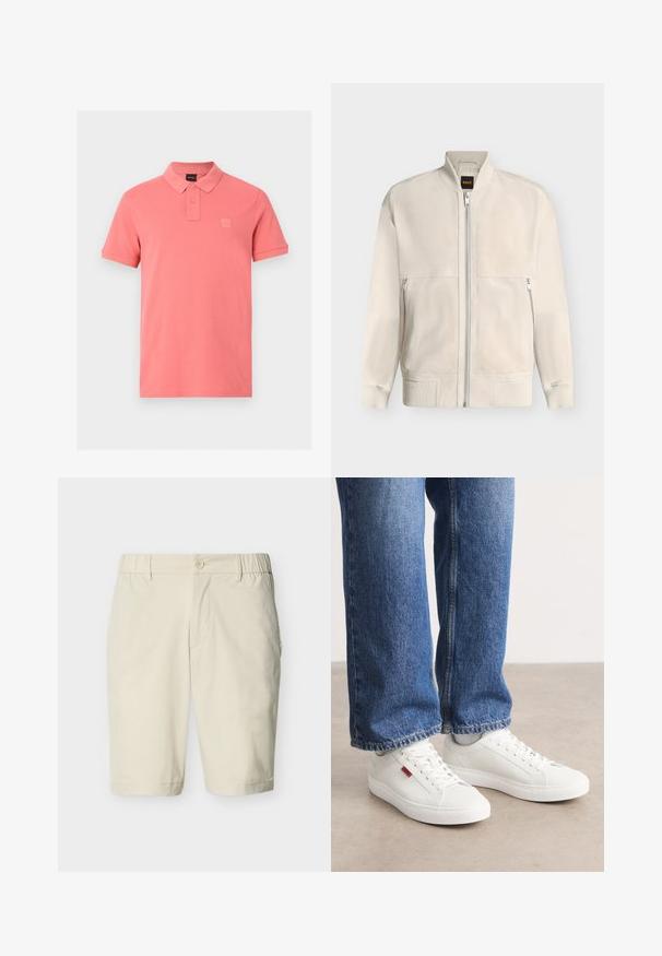 Veste bomber beige clair à fermeture éclair, avec col, poignets et ourlet côtelés, dotée de deux poches latérales zippées et d'une petite étiquette noire à l'intérieur du col.; Polo corail à manches courtes avec patte à deux boutons et petit écusson logo embossé sur la poitrine gauche.; Shorts beige mi-longueur avec fermeture à bouton, bandes élastiques latérales à la taille, passants pour ceinture et poches latérales sur fond uni.; Baskets blanches avec une surface lisse, un bout rond et une semelle plate. Accompagnées d'un jean en denim bleu avec une coupe droite et des coutures visibles.