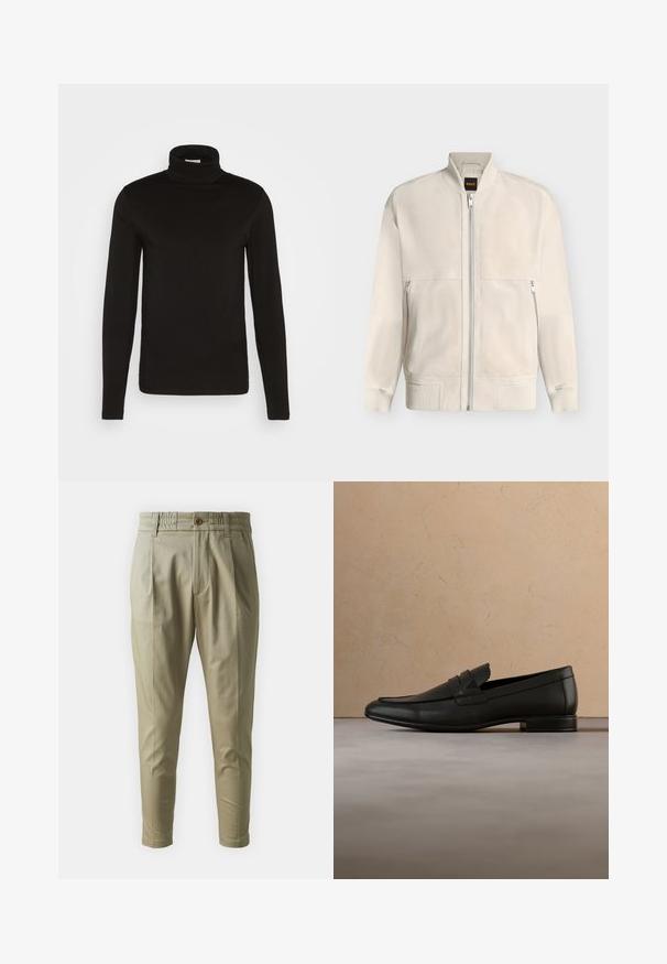 Hellbeige Bomberjacke mit Reißverschluss, mit geripptem Kragen, Bündchen und Saum, mit zwei seitlichen Reißverschlusstaschen und einem kleinen schwarzen Etikett an der Innenseite des Kragens.; Schwarz, langärmliges Turtleneck-Shirt aus einem glatten Stoff mit figurnaher Passform und hohem, enganliegendem Kragen. Keine sichtbaren Muster oder Akzente.; Hellbeige, schmal zulaufende Hose mit elastischem Bund, vorderem Knopfverschluss und zwei Seitentaschen; glattes Material mit leichtem Glanz.; Schwarzer Lederloafer schwebt über einem beigen Teppich mit beigem Sofa in einem minimalistischen Innenraum.