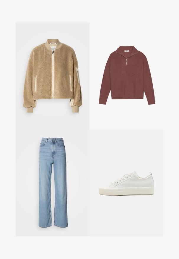 Veste bomber beige avec extérieur en fausse fourrure texturée, poignets et col côtelés, et poches zippées sur les manches.; Pull à col montant en bordeaux avec des côtes, fermeture éclair 1/4 et manches larges. Texture douce avec une coupe décontractée.; Jean taille haute bleu clair avec une jambe droite, en denim, présentant une fermeture à bouton sur le devant et des détails de décoloration subtils.; Baskets en toile blanches avec une tige texturée, bout rond, semelle plate et laçage à l'avant. Présentent un col légèrement effiloché et une languette.