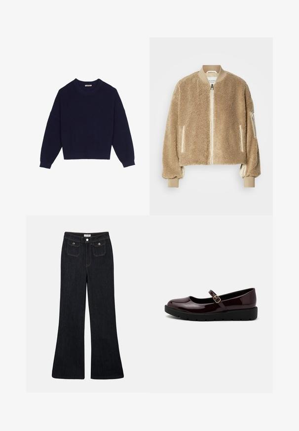 Veste bomber beige avec extérieur en fausse fourrure texturée, poignets et col côtelés, et poches zippées sur les manches.; Pull en tricot bleu marine avec une texture côtelée, un col rond, des épaules tombantes et un ourlet court. Tissu doux avec des manches longues.; Jeans en denim foncé évasés avec une taille haute, deux poches avant et des coutures orange. Le matériau semble robuste et lisse.; Chaussures Mary Jane vernies bordeaux avec un bout arrondi, une sangle à boucle réglable et une semelle plateforme texturée noire.