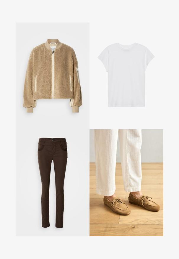 Beige Bomberjacke mit texturierter Kunstpelz-Außenseite, gerippten Bündchen und Kragen sowie Reißverschlusstaschen an den Ärmeln.; Weißes kurzärmliges T-Shirt mit Rundhalsausschnitt, lockerer Passform, aus weichem Baumwollstoff. Glatte Textur, keine Muster oder Logos.; Braune, schlank geschnittene Stoffhosen aus Baumwollmischgewebe. Verfügt über eine dekorative Steppnaht an den Fronttaschen, einen Knopfverschluss und eine glatte Textur.; Braune Wildleder-Bootsschuhe mit Schnürsenkeln, abgerundeter Zehenpartie und gesteppten Akzenten. Getragen mit weißen Cordhosen in einer Holzumgebung.