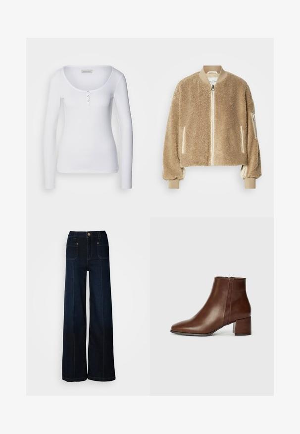 Veste bomber beige avec extérieur en fausse fourrure texturée, poignets et col côtelés, et poches zippées sur les manches.; Haut à manches longues blanc avec un décolleté en scoop, texture côtelée et trois accents de boutons argentés sur le plastron avant.; Jean en denim à jambes larges de couleur bleu foncé. Dispose de poches avant, de quincaillerie dorée et de coutures contrastées. Texture lisse avec un design décontracté.; Bottes en cuir marron à hauteur de cheville avec un bout pointu et un talon bloc. Équipées d'une fermeture éclaire sur le côté et d'une texture lisse avec peu de détails de couture.
