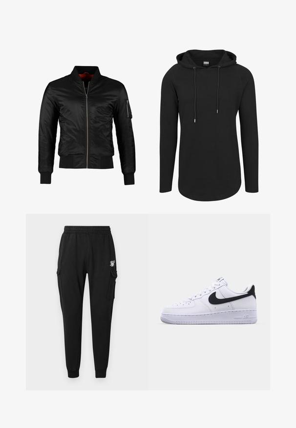 Chaqueta bomber negra hecha de nylon brillante con cierre frontal, puños acanalados y un bolsillo con cremallera en la manga izquierda. El interior es de un rojo brillante.; Sudadera negra con capucha, de manga larga, textura acanalada, cordones en el cuello y dobladillo curvado. Diseño clásico y minimalista.; Pantalones cargo negros fabricados en un tejido suave, con una cinturilla elástica, bolsillos laterales y un logo discreto en el muslo. Diseño de corte recto.; Zapatilla blanca de cuero con un Swoosh negro texturizado, cordones planos y una suela de goma con un patrón estriado. "AIR" está grabado en el talón.