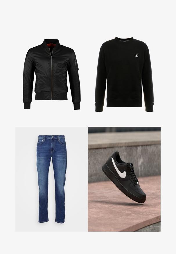 Zwarte bomberjack gemaakt van glanzend nylon met een ritssluiting aan de voorkant, ribgebreide manchetten en een ritszak op de linkermouw. De binnenkant is felrood.; Zwarte katoenen sweatshirt met ronde hals, geribde mouwen en zoom, met een klein wit 'cK' logo op de linkerkant van de borst.; Heren blauwe spijkerbroek met vijf zakken, knoopsluiting en lichte vervaging op de bovenbenen en knieën.; Zwarte Nike Air Force 1 sneaker met wit swoosh-logo zwevend boven een stenen oppervlak en een grijze, getextureerde muur op de achtergrond.
