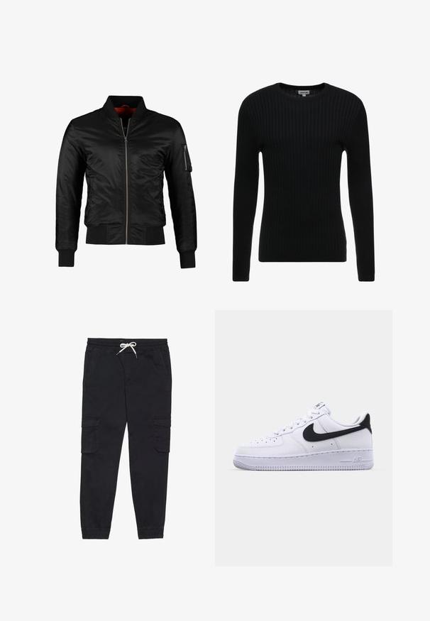 Veste bomber noire en nylon brillant avec une fermeture éclair à l'avant, des poignets côtelés et une poche zippée sur la manche gauche. L'intérieur est de couleur rouge vif.; Pull noir à manches longues en côte avec un col rond ; le tissu texturé présente des lignes verticales ; silhouette ajustée ; sans embellissements ni accents visibles.; Pantalons cargo noirs en coton, avec une taille élastique et un cordon de serrage, des poches latérales et des poignets fuselés.; Sneaker en cuir blanc avec un Swoosh noir texturé, des lacets plats et une semelle en caoutchouc avec un motif strié. "AIR" est embossé sur le talon.