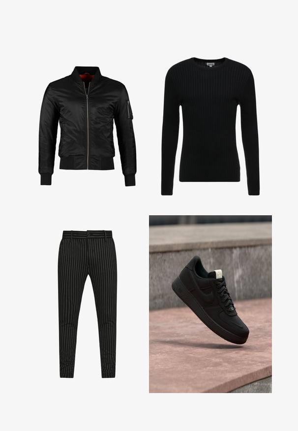 Schwarze Bomberjacke aus glänzendem Nylon mit einem Frontreißverschluss, gerippten Bündchen und einer Reißverschlusstasche am linken Ärmel. Das Innenfutter ist leuchtend rot.; Schwarzer gerippter Langarmpullover mit Rundhalsausschnitt; texturiertes Gewebe mit vertikalen Streifen; figurbetonte Silhouette; keine sichtbaren Verzierungen oder Akzente.; Schwarz gestreifte Hose mit vertikalen weißen Streifen, schlanker Schnitt und Knopfverschluss mit Gürtelschlaufen für eine verstellbare Passform.; Schwarzer Nike Air Force 1 Sneaker, der über einer rosa Betonkante mit grauem Stein-Hintergrund schwebt und Seiten- sowie Oberseiten-Details zeigt.