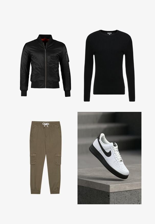 Chaqueta bomber negra hecha de nylon brillante con cierre frontal, puños acanalados y un bolsillo con cremallera en la manga izquierda. El interior es de un rojo brillante.; Suéter negro de manga larga con cuello redondo; tejido texturizado que presenta líneas verticales; silueta ajustada; sin adornos o acentos visibles.; Pantalones cargo caqui con cintura elástica y cordón, que cuentan con bolsillos laterales y tobillos ajustados. Fabricados en un material ligero y texturizado.; Zapatilla deportiva de cuero blanco con detalles en negro, punta redondeada y detalles perforados. Suela de goma negra con patrón texturizado y cierre de cordones.