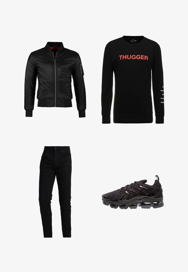 Sort bomberjakke lavet af skinnende nylon med frontlynlås, ribbede manchetter og en lynlåslomme på venstre ærme. Indersiden er lys rød.; Sort langærmet sweatshirt med fed rød "THUGGER" tekst på forsiden og hvide bynavne trykt lodret på venstre ærme.; Sorte denimjeans med slim fit, med mellemhøj talje, fem lomme-design og diskrete stikninger. Glat tekstureret stof.; Sorte atletiksko med et tekstureret stofoverdel, metalliske detaljer og en markant luftfyldt sål. Har distinkte bølge-lignende designelementer.