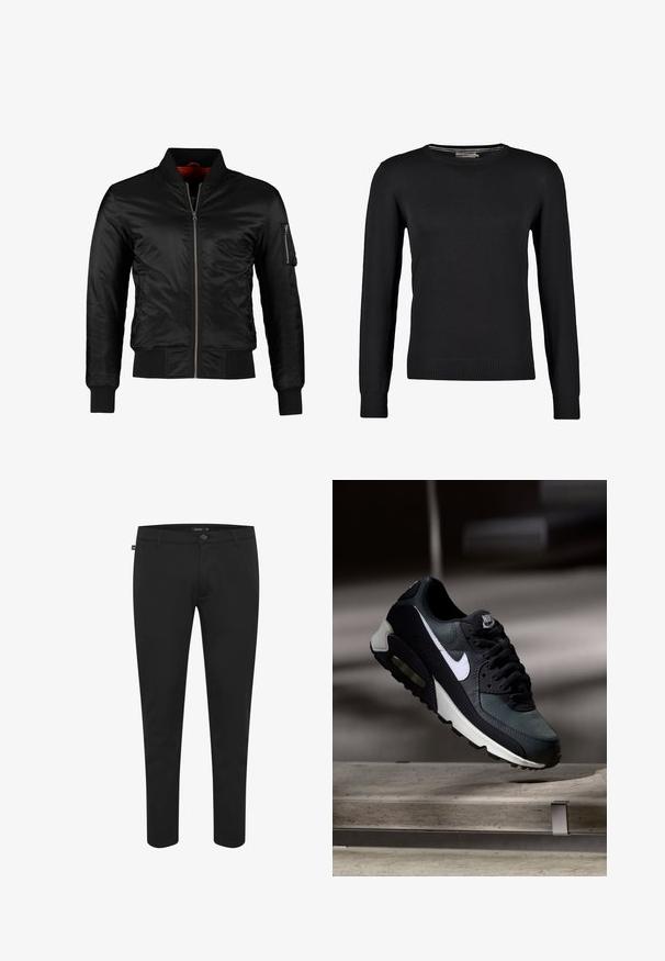 Veste bomber noire en nylon brillant avec une fermeture éclair à l'avant, des poignets côtelés et une poche zippée sur la manche gauche. L'intérieur est de couleur rouge vif.; Pull en tricot noir à manches longues, col rond, avec des poignets et un ourlet côtelés. Texture lisse et coupe ajustée.; Pantalon noir en tissu lisse. Dispose d'une fermeture à bouton, de passants de ceinture, et d'une coupe slim avec des jambes fuselées. Pas de motifs visibles.; Baskets Nike Air Max noires et grises avec un logo blanc, suspendues au-dessus d'une surface en béton sur un fond sombre flou.