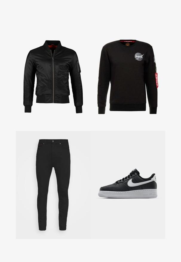 Zwarte bomberjack gemaakt van glanzend nylon met een ritssluiting aan de voorkant, ribgebreide manchetten en een ritszak op de linkermouw. De binnenkant is felrood.; Alpha Industries NASA - Sweater - schwarz; Zwarte slim-fit jeans van denim, met een klassiek vijf-pocket ontwerp, een knoopsluiting en subtiele rode stiksels.; Zwarte lederen sneaker met een textuur oppervlak, witte Nike swoosh, grijze zool, ronde neus en vetersluiting. Bevat perforaties op de neus.